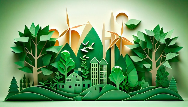 Green leaf image in the paper art style with trees city building silhouettes windmills and solar panels the conservation of ecology a green energy idea Generative Ai