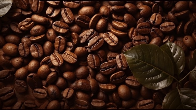 A green leaf is surrounded by coffee beans.