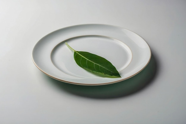 A green leaf lies on an empty white plate on the table diet and weight loss concept eating disorder