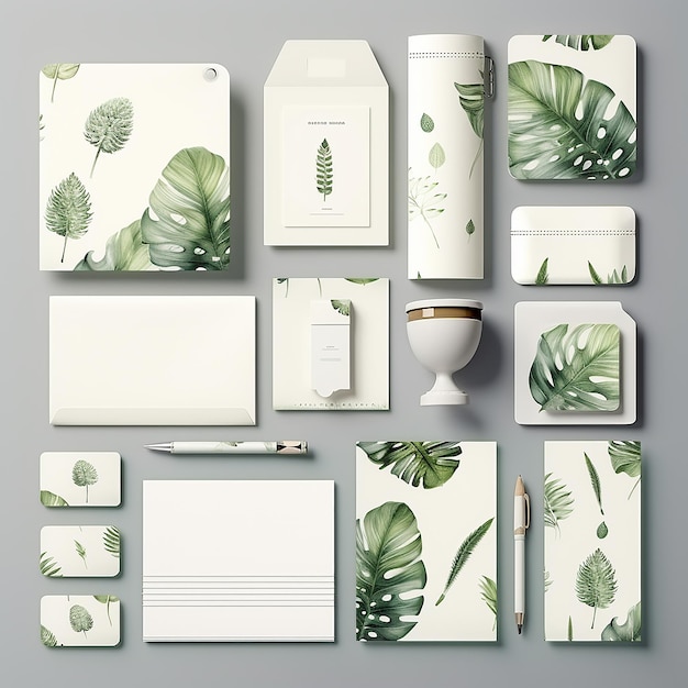 Photo green leaf mockup stationery collection design