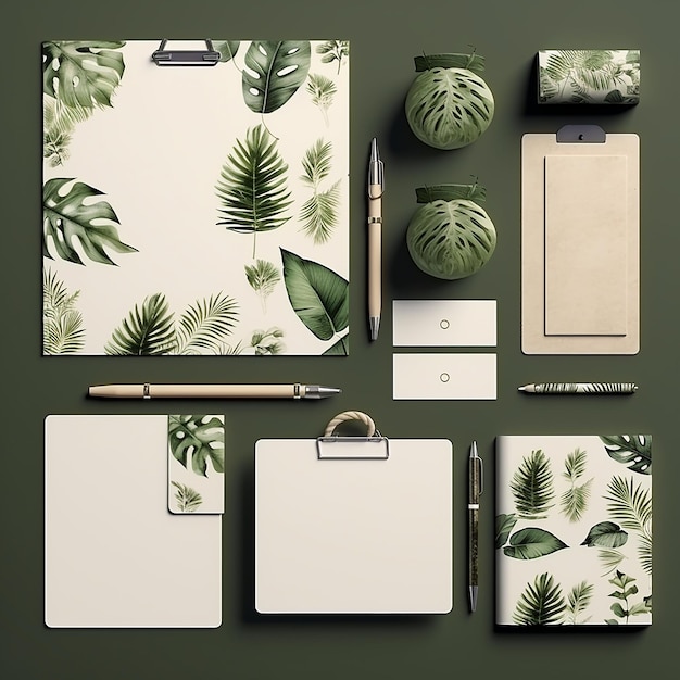 Photo green leaf mockup stationery collection design