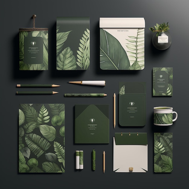 Photo green leaf mockup stationery collection design