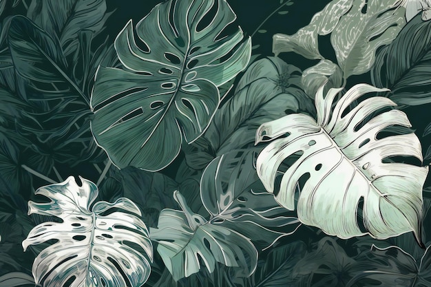 A green leaf pattern with the words monstera on it