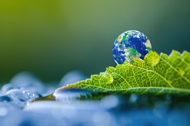 Green leaf reflects Earth in water drop showing water and environment concept furnishes elements of