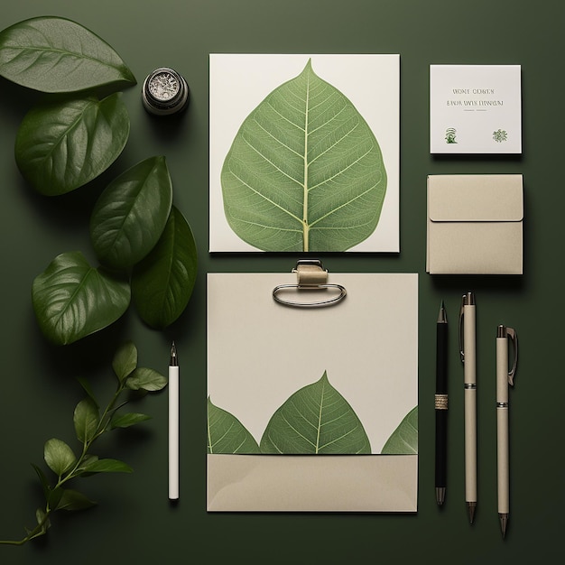 Photo green leaf stationery mockup collection