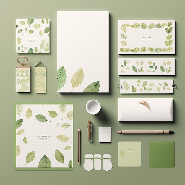 Photo green leaf stationery mockup collection