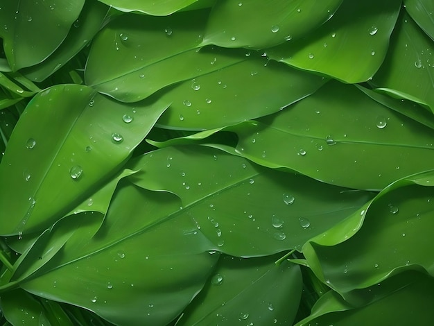 Green leaf texture with water droplets green background