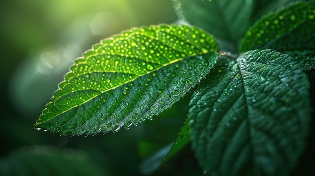 Photo green leaf with dew drops in sunlight