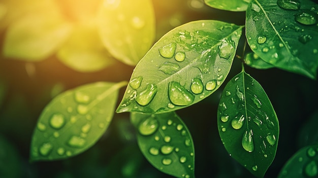 Green Leaf with Glistening Water Droplets CloseUp on Vibrant Leaves