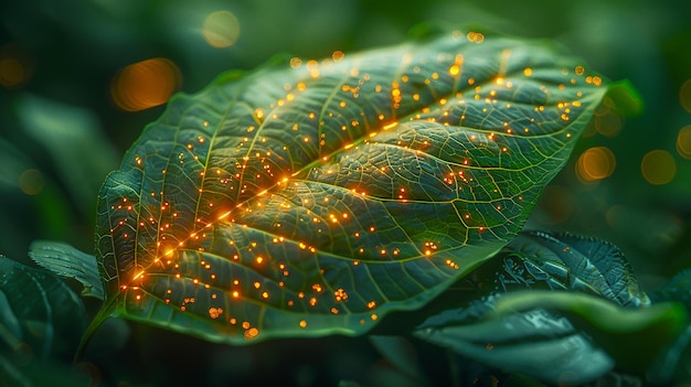 a green leaf with orange lights that are lit up