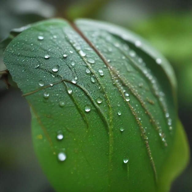 a green leaf with water droplets on it and a few water droplets on it