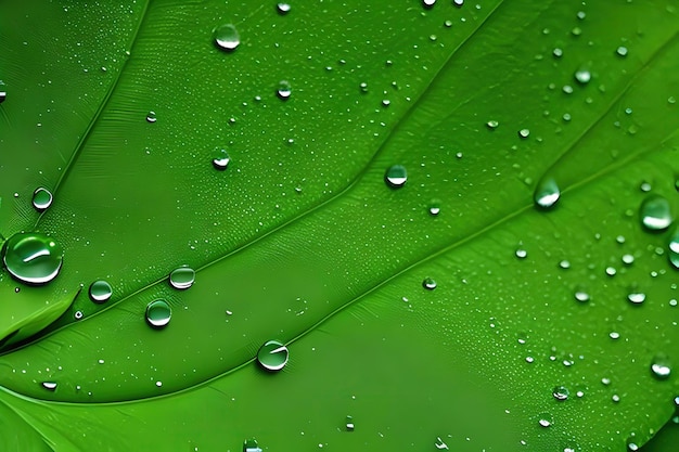 Green leaf with water droplets on it macro photograph