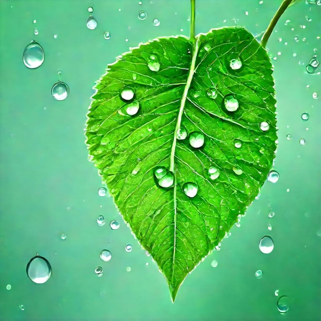 Photo a green leaf with water drops on it and a green background