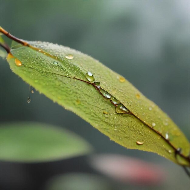 a green leaf with water drops on it and a green leaf with water drops on it