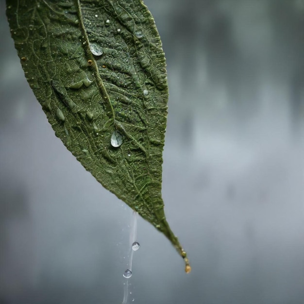 Photo a green leaf with water drops on it and a rain droplet on it