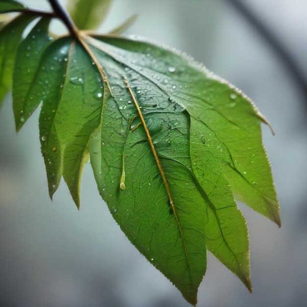 a green leaf with water drops on it and a raindrop on it