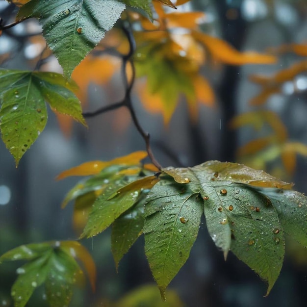 a green leaf with water drops on it and a raindrop on it