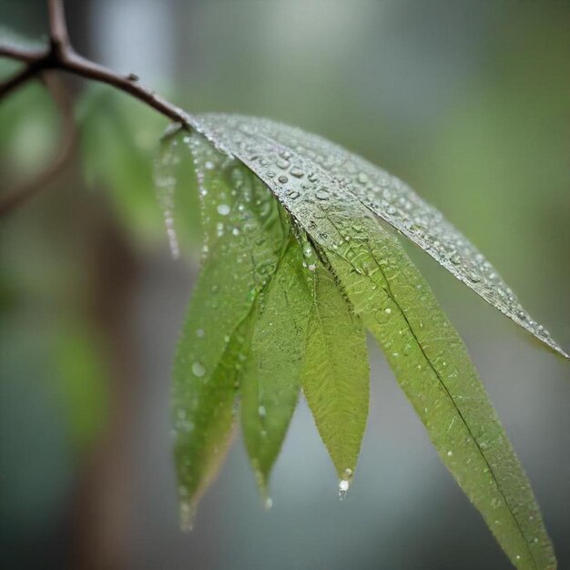 a green leaf with water drops on it and the word  rain  on it