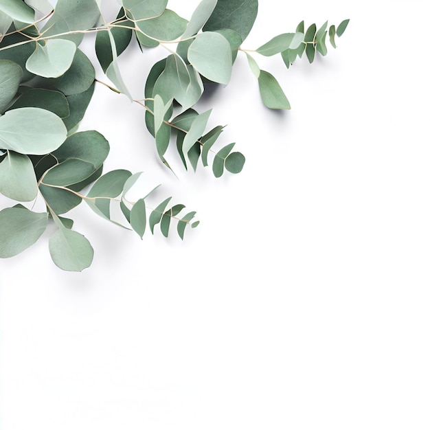 A green leafy branch of eucalyptus is on a white background generative ai