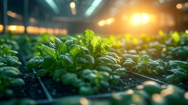 Photo green leafy plants in a greenhouse with sunlight background realistic image