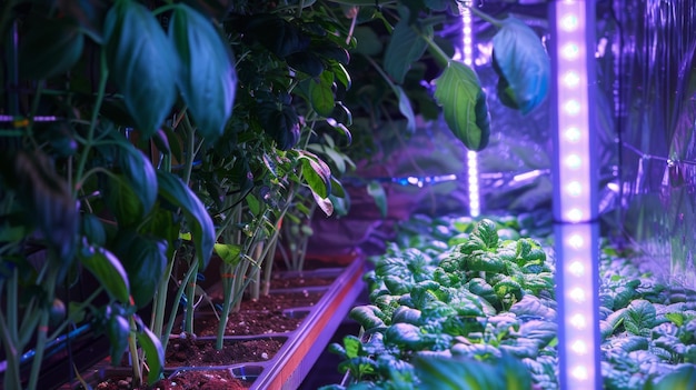 Green leafy plants grow vertically under bright purple led lights in an indoor farm setting