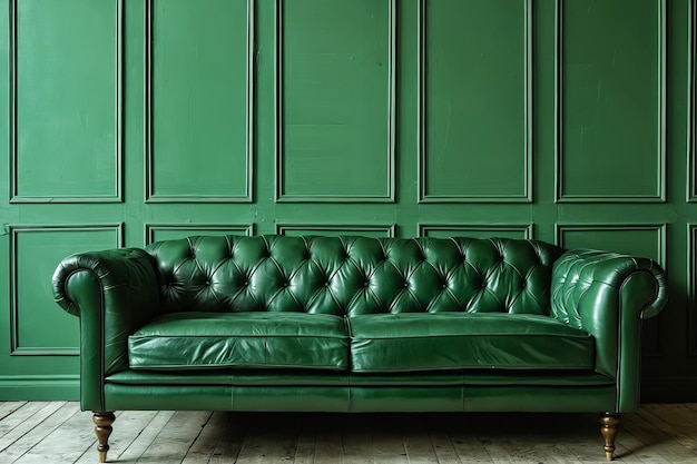 Photo a green leather couch sitting in front of a green wall