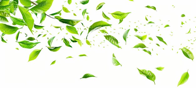 Green leaves are floating in the air against a white backdrop