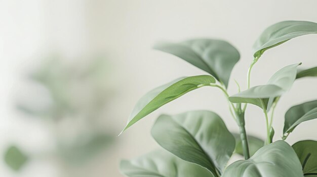 Green leaves of an artificial plant closeup on a light background Soft focus