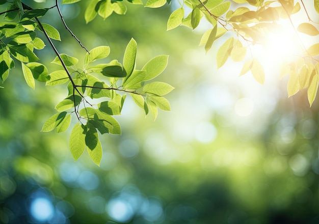 Green leaves background in sunny day with bokeh and sun ray