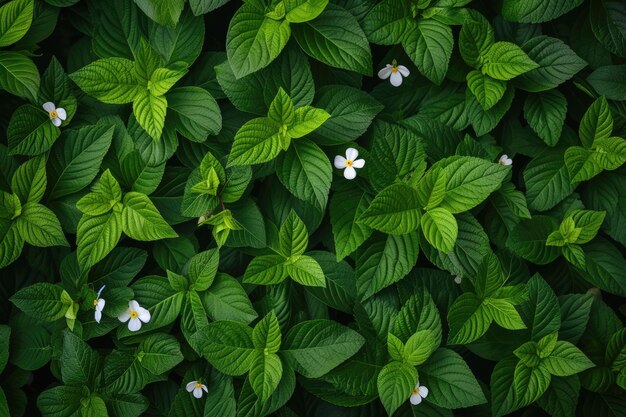 Green leaves background with small white flowers Top view