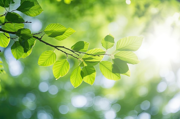 Green Leaves Background with Sunlight Filtering Through Young Beech Trees and Copy Space for Spring