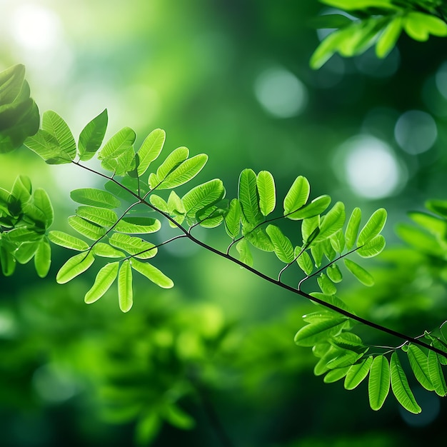 Green leaves on blurred background with bokeh effect nature background