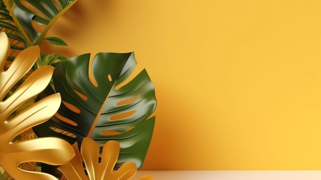 Green leaves on a bright yellow background created with Generative AI technology