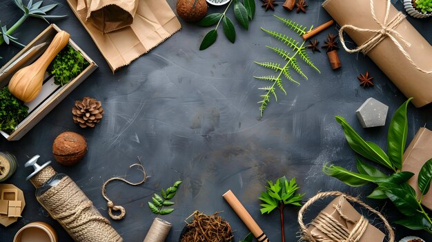 Photo green leaves brown paper and natural elements flat lay illustration