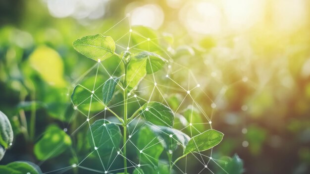 Green Leaves Connected by Network Sustainable Agriculture and Technology Innovation Concept