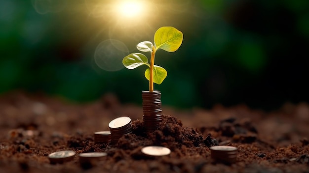 Green leaves emerging from pile of coins Money growth on ground Generative AI