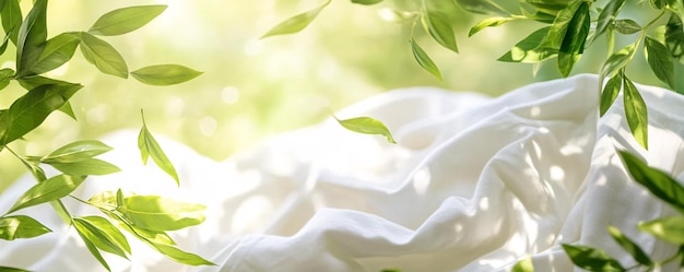 Green leaves falling on white fabric creating freshness sensation