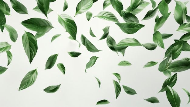 Green Leaves Floating in Air on White Background Nature Concept with Flying Foliage