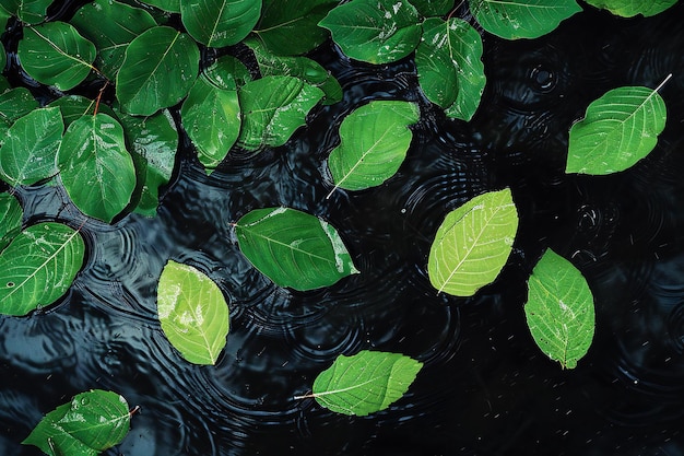 Green leaves floating on the water surface Nature background with copy space