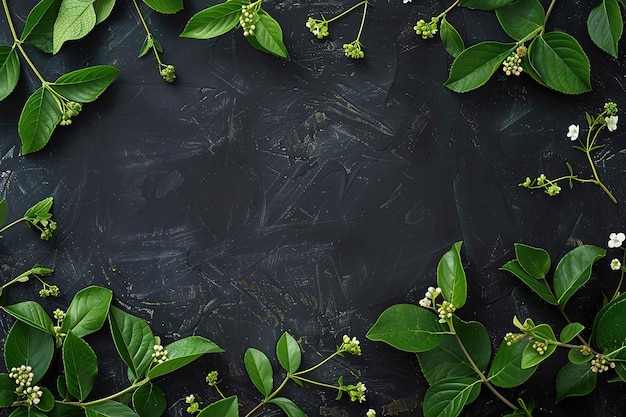 Green leaves and flowers on a dark background suggesting a natural fresh environment