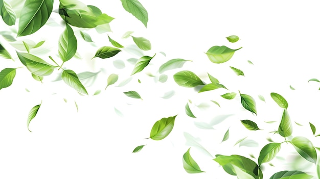 Green Leaves Flying in the Air Isolated on White Background