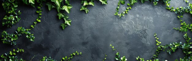 Green Leaves Frame on Dark Gray Concrete Background