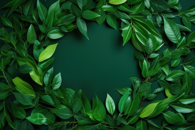 Green leaves frame on a dark green background