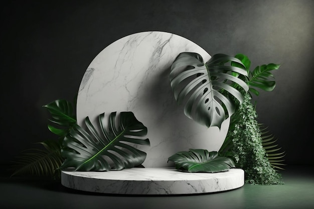 Green leaves and Marble Base background for cosmetic beauty product promotion