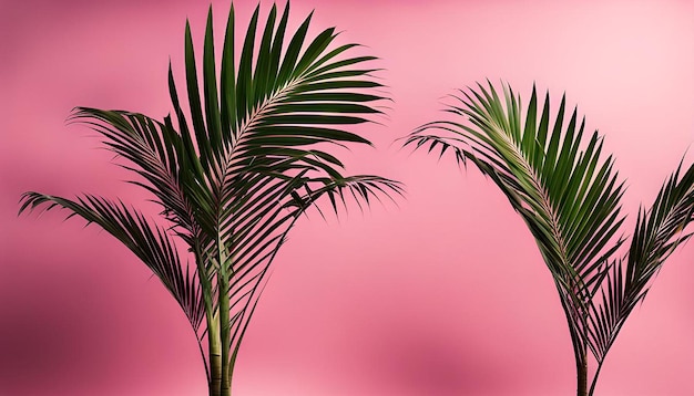 Photo green leaves of palm tree with pink copy space background