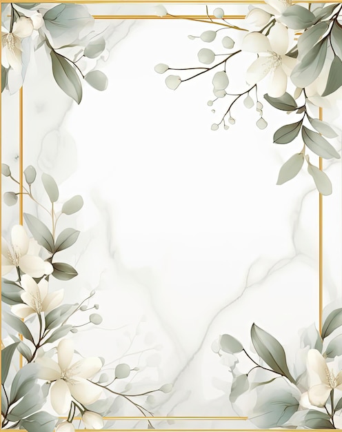 green leaves pattern in gold square frame in the style of light gray