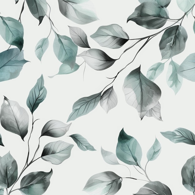 Green Leaves Pattern on Light Grey Background for Nature Designs Generative AI