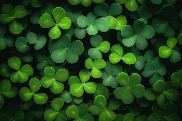 Green leaves patternleaf Shamrock lucky four leaf clover in the field for St Patricks Day background