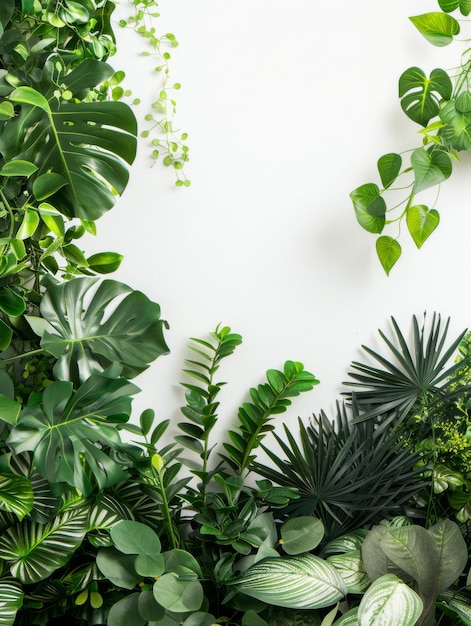 Photo green leaves of the plant border the empty space on a white background