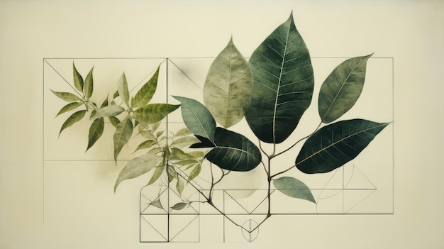 Green leaves of the plant and geometric linear background Generative AI design